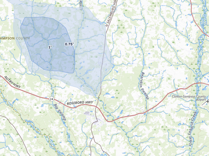 NEXRAD radar-signature map of the hail storm over Salemburg, NC on Aug 20, 2026