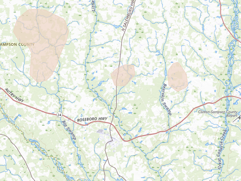 Radar-estimated hail-size map of the storm over Salemburg, NC on Aug 21, 2026