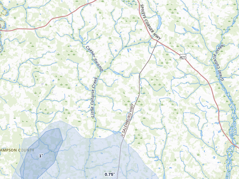 NEXRAD radar-signature map of the hail storm over Salemburg, NC on Aug 21, 2026