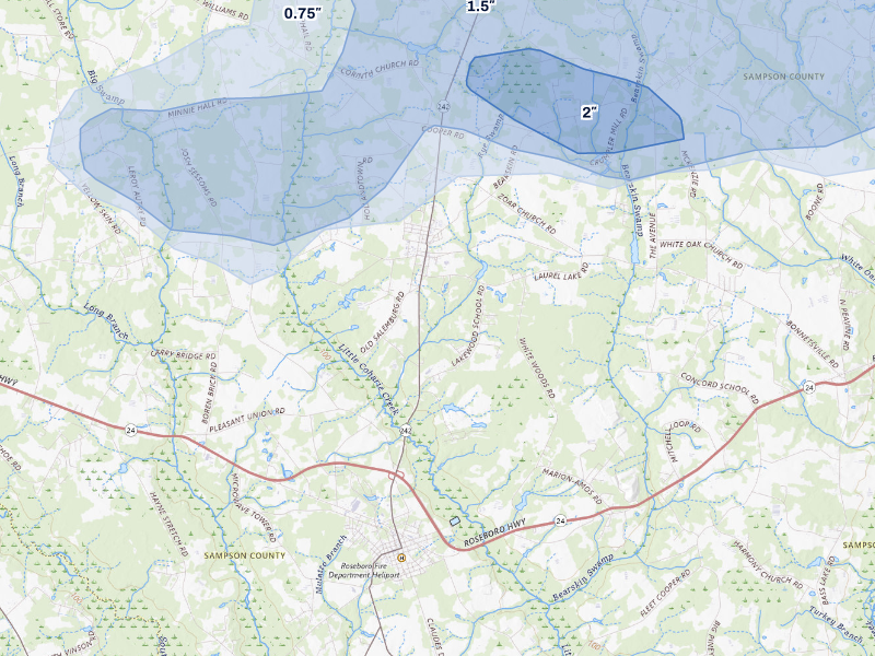 NEXRAD radar-signature map of the hail storm over Salemburg, NC on Sep 5, 2026