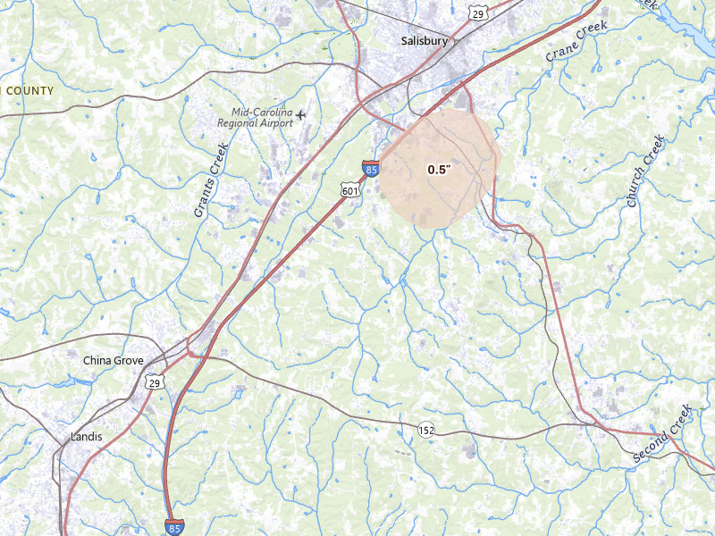 Radar-estimated hail-size map of the storm over Salisbury, NC on Jul 6, 2026