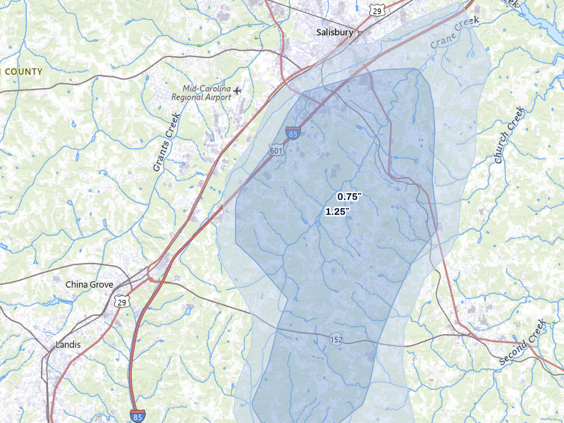 NEXRAD radar-signature map of the hail over Salisbury, NC