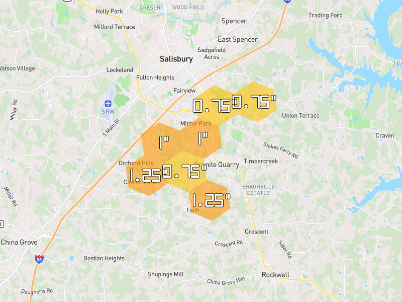 Hail map of Salisbury, NC on Jul 6, 2026, hail up to 1.25"