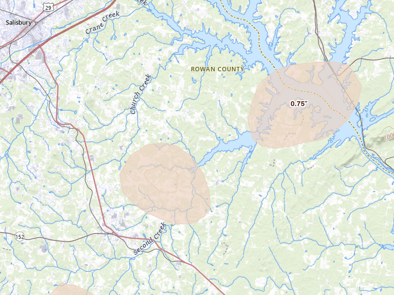 Radar-estimated hail-size map of the storm over Salisbury, NC on Aug 28, 2026