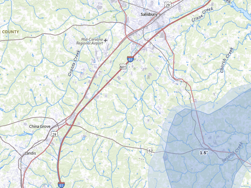 NEXRAD radar-signature map of the hail storm over Salisbury, NC on Aug 28, 2026