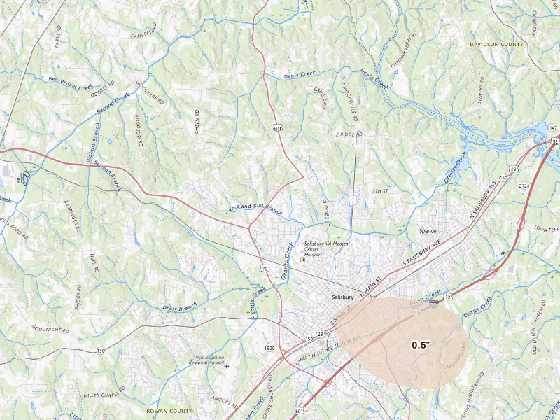 Radar-estimated hail-size map of the storm over Salisbury, NC on Sep 18, 2026