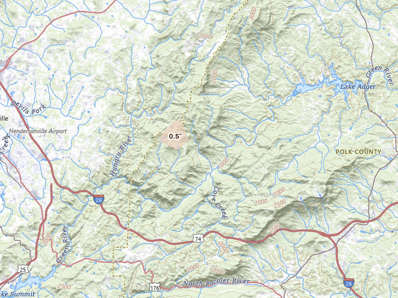 Radar-estimated hail-size map of the storm over Saluda, NC on Jul 18, 2026