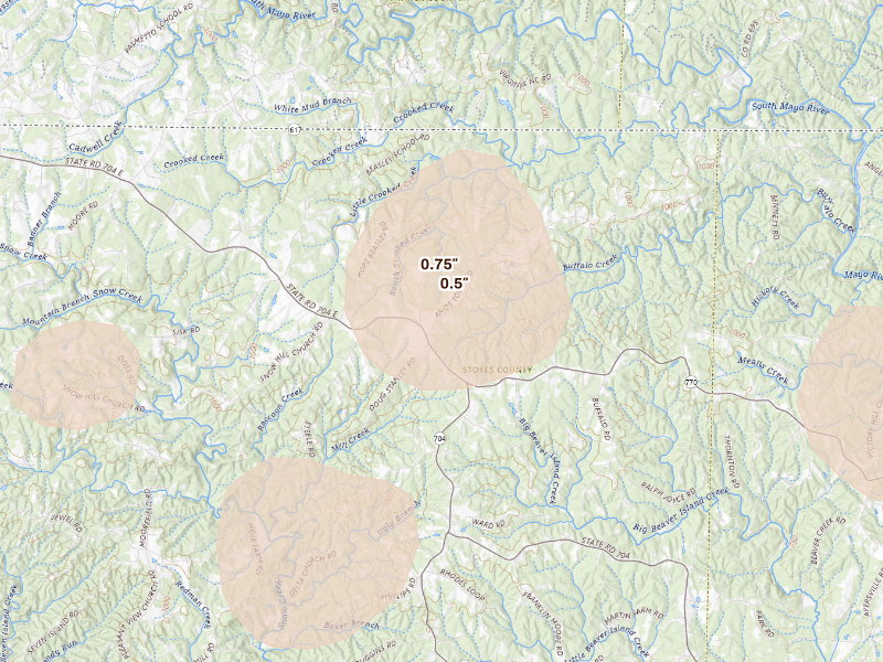 Radar-estimated hail-size map of the storm over Sandy Ridge, NC