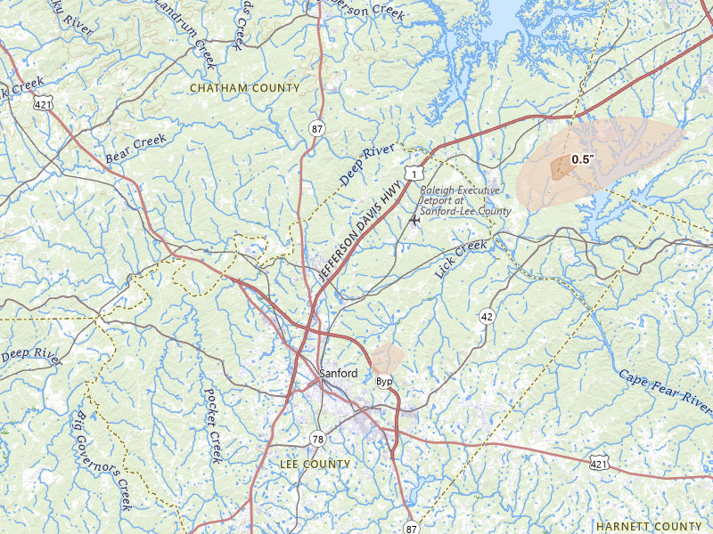 Radar-estimated hail-size map of the storm over Sanford, NC on Jul 8, 2026
