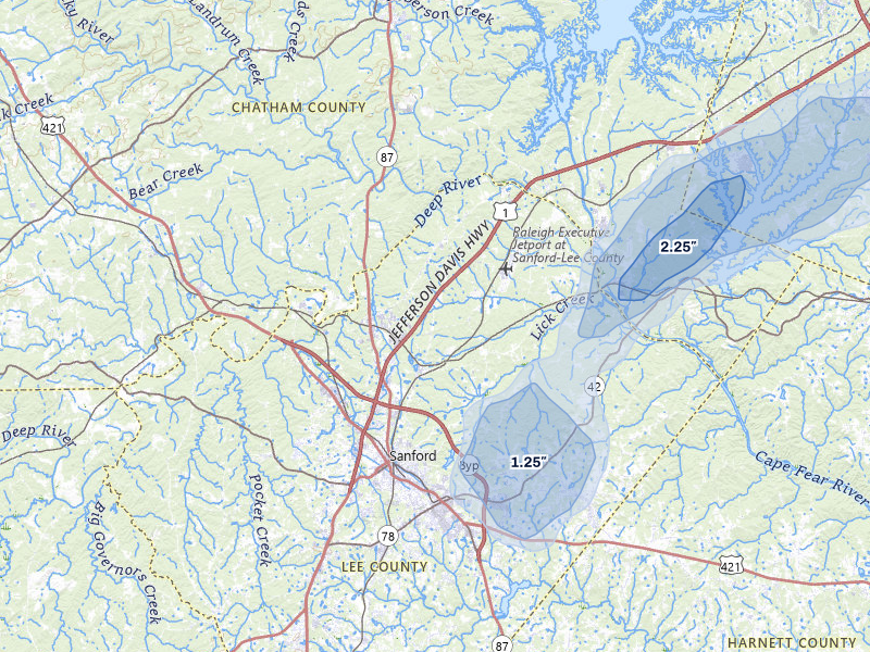 NEXRAD radar-signature map of the hail over Sanford, NC