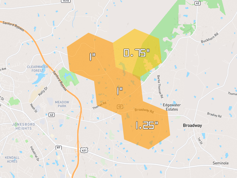 Hail map of Sanford, NC on Jul 9, 2026, hail up to 1.25"