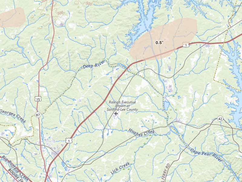 Radar-estimated hail-size map of the storm over Sanford, NC on Aug 20, 2026