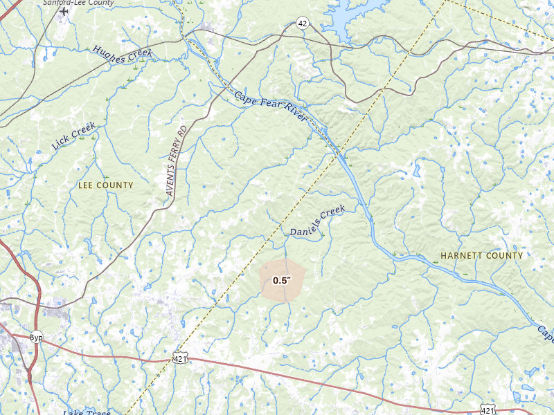 Radar-estimated hail-size map of the storm over Sanford, NC on Aug 27, 2026
