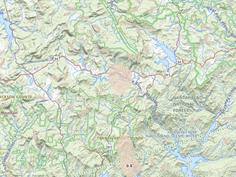 Radar-estimated hail-size map of the storm over Sapphire, NC on Jul 18, 2026