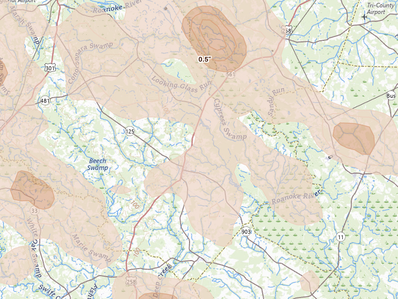 Radar-estimated hail-size map of the storm over Scotland Neck, NC