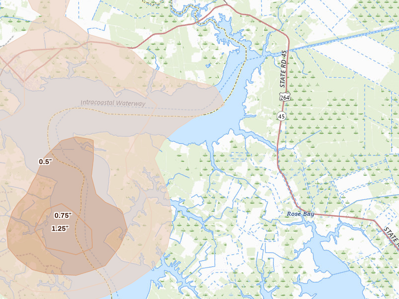 Radar-estimated hail-size map of the storm over Scranton, NC on Jun 14, 2026