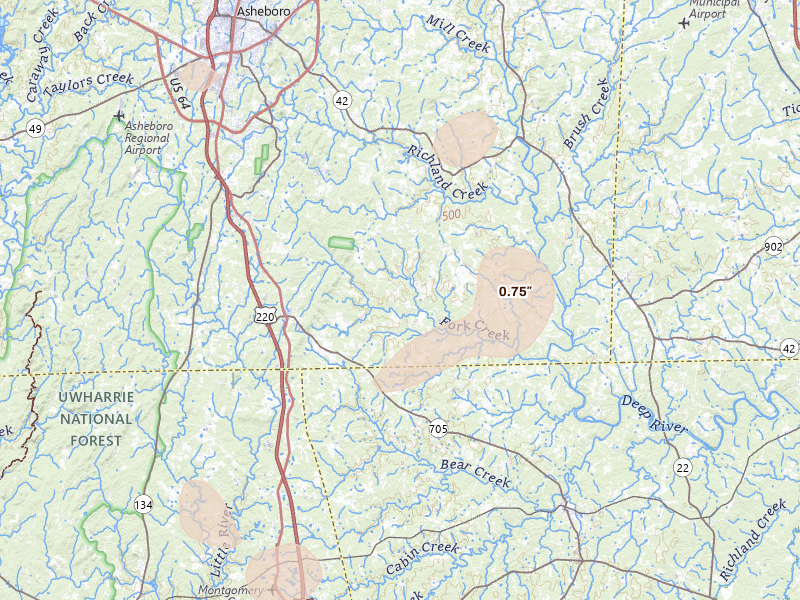 Radar-estimated hail-size map of the storm over Seagrove, NC on Aug 28, 2026