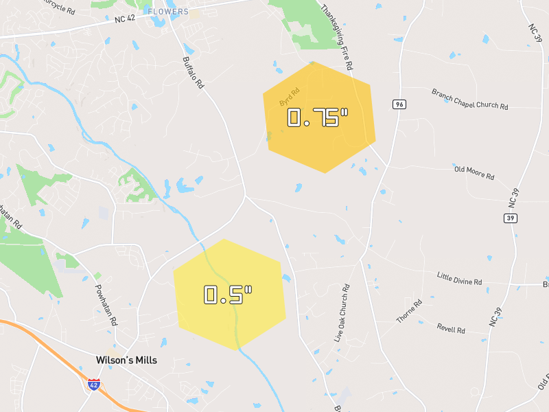 Hail map of Selma, NC on Jul 13, 2026, hail up to 0.75"