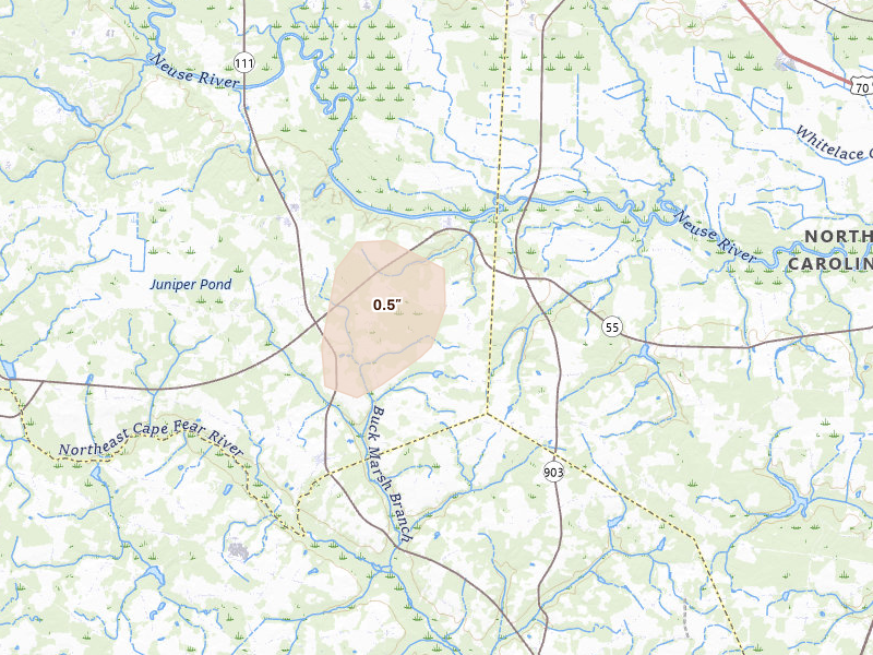 Radar-estimated hail-size map of the storm over Seven Springs, NC on Jul 7, 2026