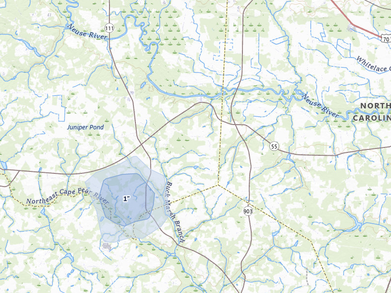 NEXRAD radar-signature map of the hail storm over Seven Springs, NC on Jul 7, 2026