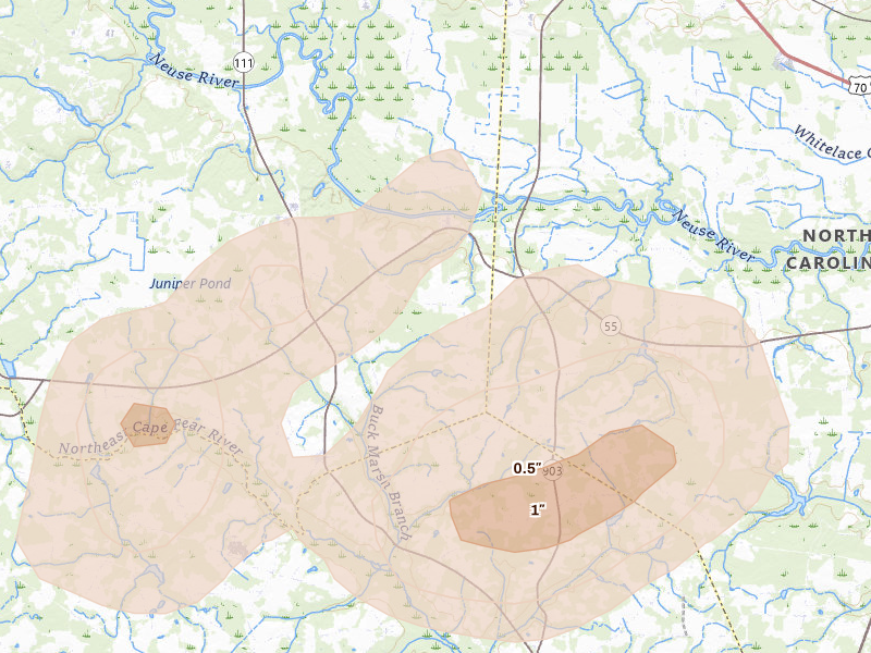 Radar-estimated hail-size map of the storm over Seven Springs, NC on Jul 20, 2026