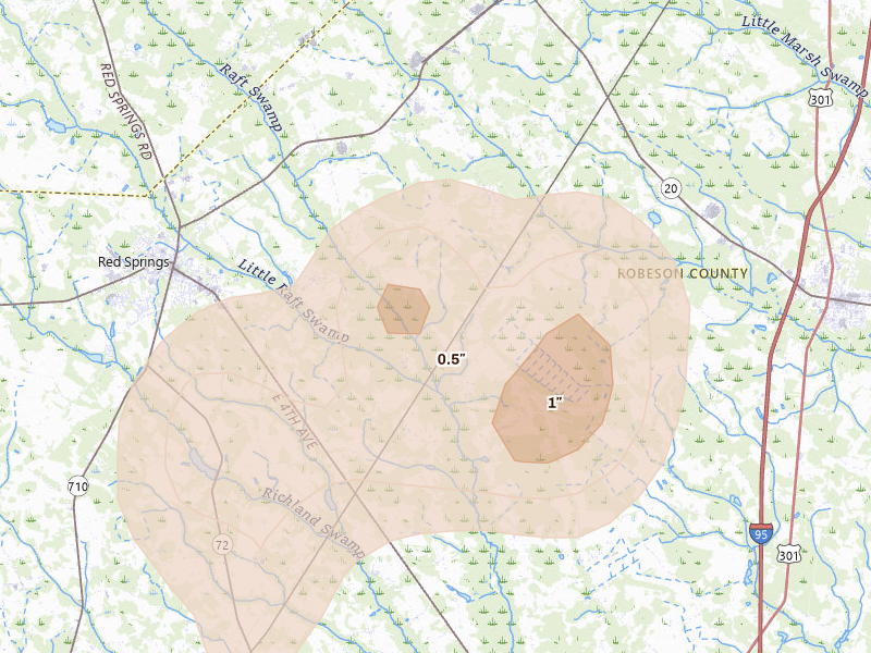 Radar-estimated hail-size map of the storm over Shannon, NC on Jul 6, 2026