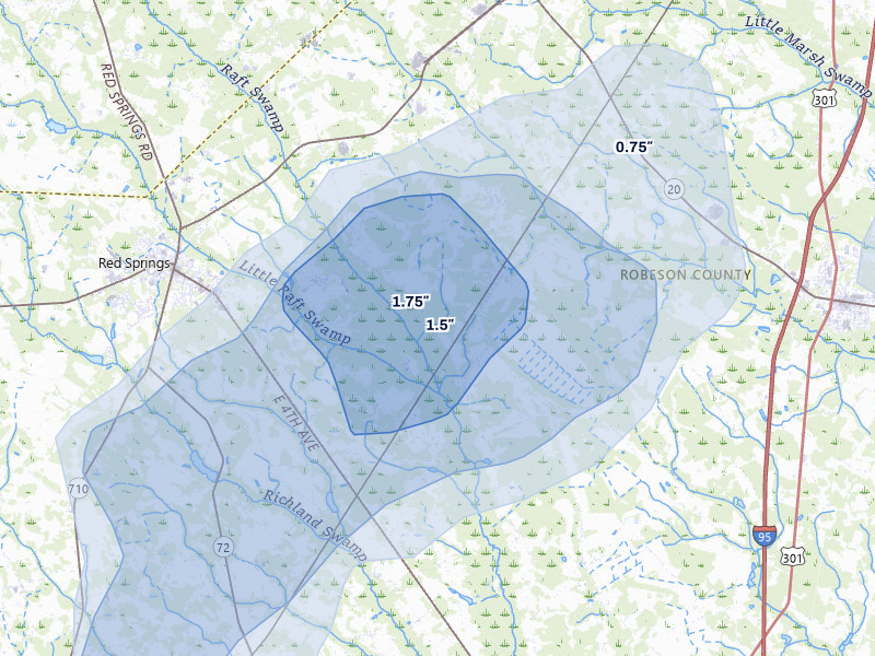 NEXRAD radar-signature map of the hail over Shannon, NC