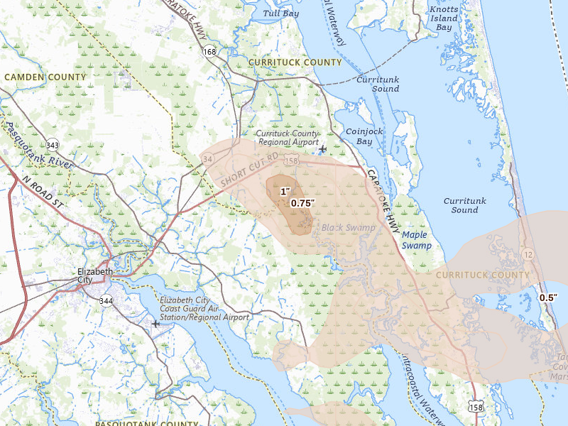 Radar-estimated hail-size map of the storm over Shawboro, NC on Jul 19, 2026
