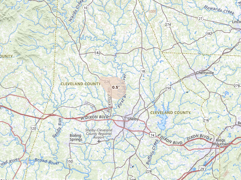 Radar-estimated hail-size map of the storm over Shelby, NC on Jul 28, 2026