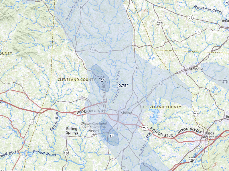 NEXRAD radar-signature map of the hail over Shelby, NC
