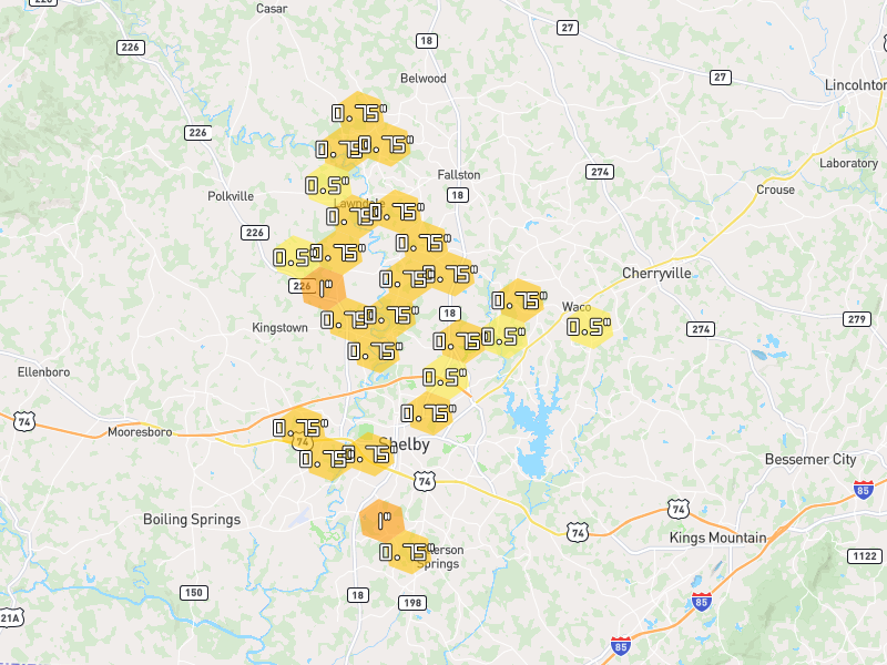 Hail map of Shelby, NC on Jul 28, 2026, hail up to 1"