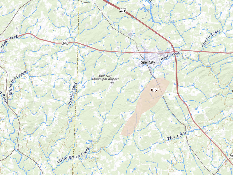 Radar-estimated hail-size map of the storm over Siler City, NC on Jun 26, 2026