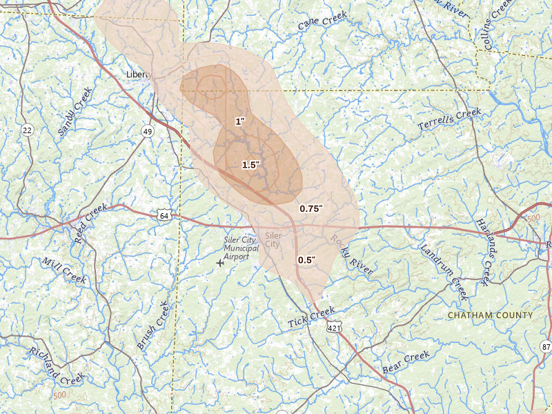 Radar-estimated hail-size map of the storm over Siler City, NC