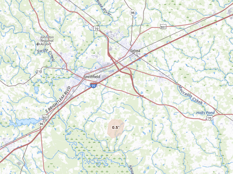Radar-estimated hail-size map of the storm over Smithfield, NC on Jun 13, 2026