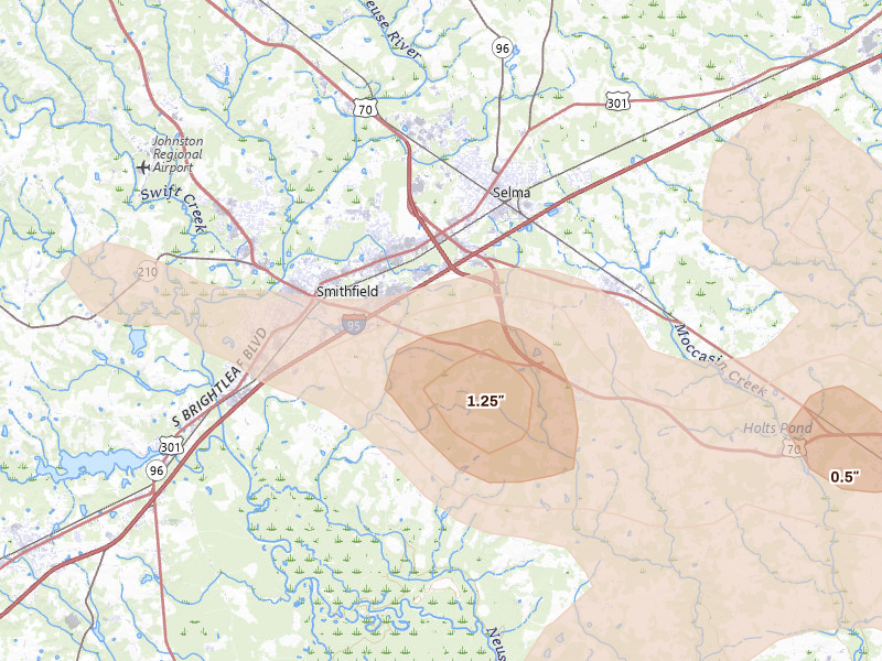 Radar-estimated hail-size map of the storm over Smithfield, NC on Aug 11, 2026