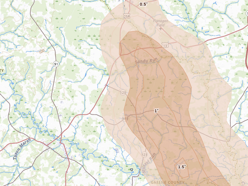 Radar-estimated hail-size map of the storm over Snow Hill, NC on Sep 5, 2026
