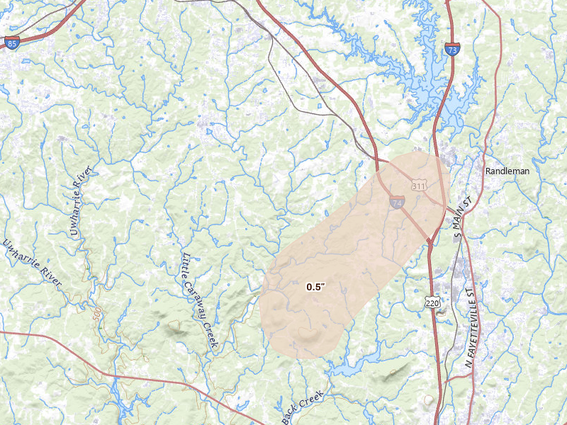 Radar-estimated hail-size map of the storm over Sophia, NC on Aug 6, 2026