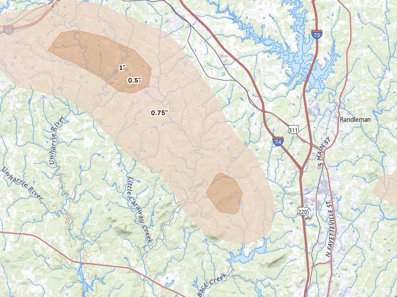 Radar-estimated hail-size map of the storm over Sophia, NC on Sep 5, 2026