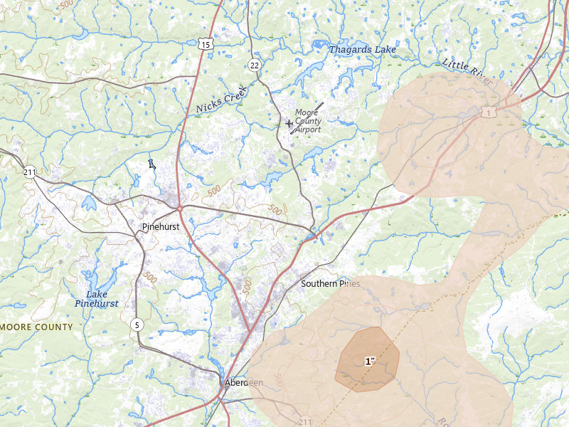 Radar-estimated hail-size map of the storm over Southern Pines, NC on Jul 5, 2026