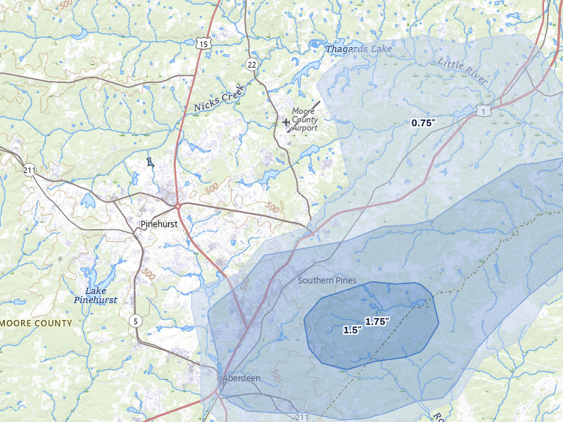 NEXRAD radar-signature map of the hail over Southern Pines, NC