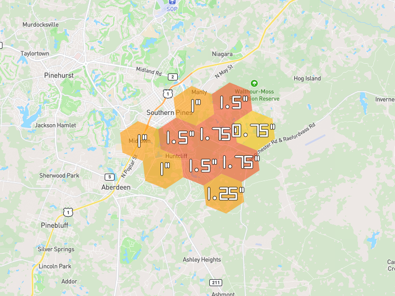 Hail map of Southern Pines, NC on Jul 5, 2026, hail up to 1.75"