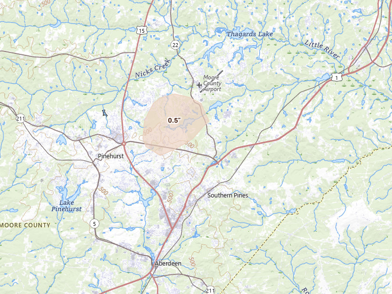 Radar-estimated hail-size map of the storm over Southern Pines, NC on Jul 12, 2026