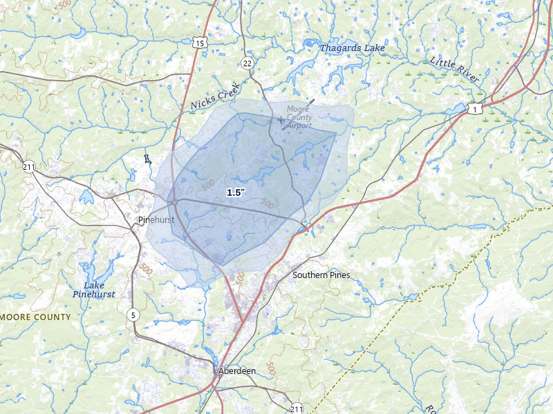 NEXRAD radar-signature map of the hail over Southern Pines, NC