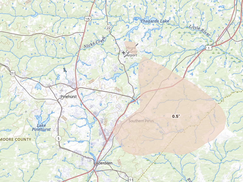 Radar-estimated hail-size map of the storm over Southern Pines, NC