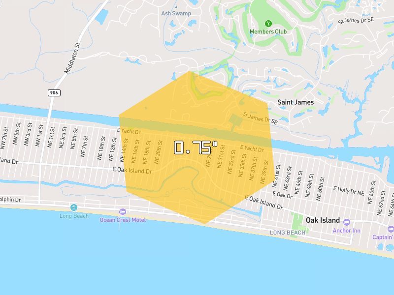 Hail map of Southport, NC on Jun 29, 2026, hail up to 0.75"