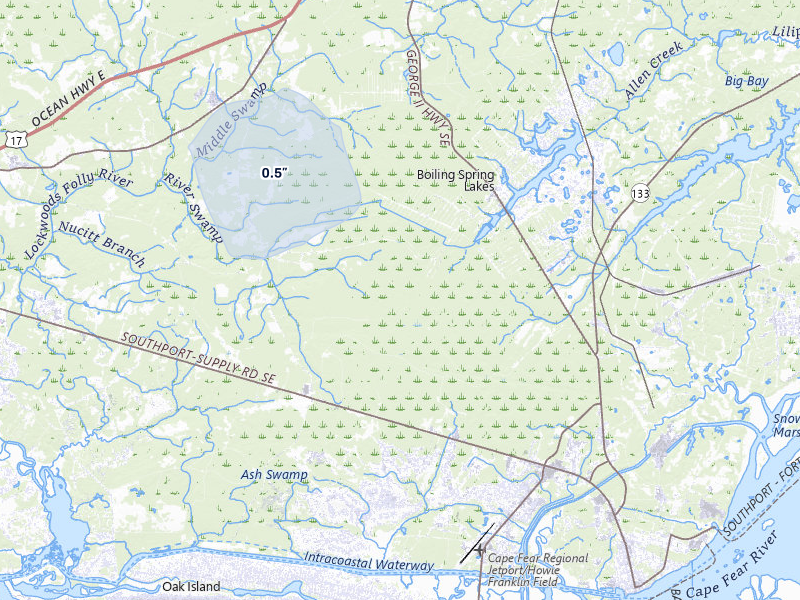 NEXRAD radar-signature map of the hail over Southport, NC
