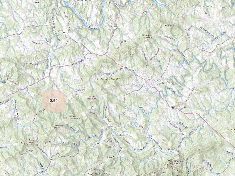 Radar-estimated hail-size map of the storm over Sparta, NC on Aug 15, 2026