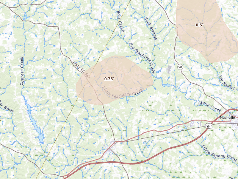 Radar-estimated hail-size map of the storm over Spring Hope, NC on Jun 11, 2026
