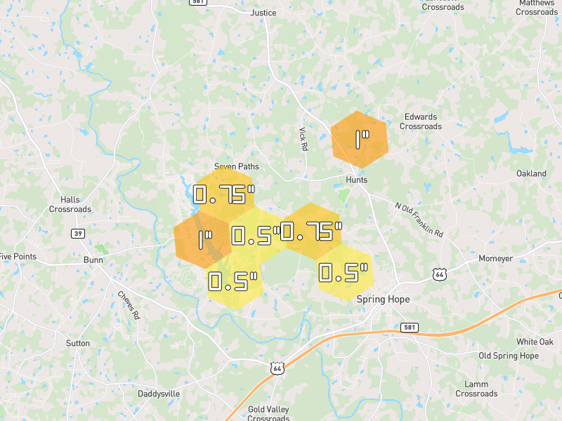 Hail map of Spring Hope, NC on Jun 27, 2026, hail up to 1"