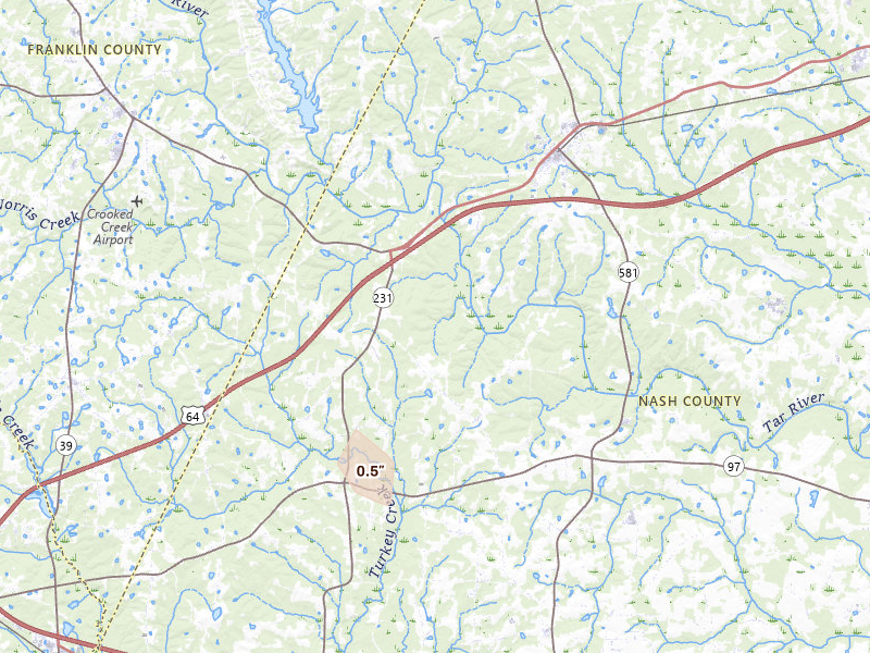 Radar-estimated hail-size map of the storm over Spring Hope, NC on Jun 28, 2026